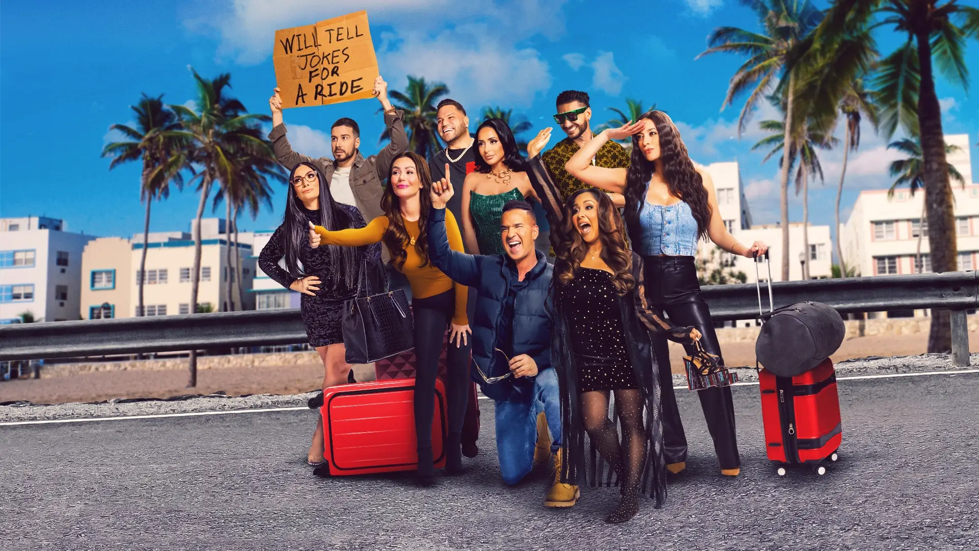 The cast of Jersey Shore Family Vacation hitchhiking with their luggage as Vinnie Guadagnino holds a cardboard sign.