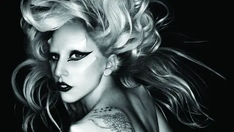 Lady Gaga Born this way black and white still big hair dark eyeliner black lips still 