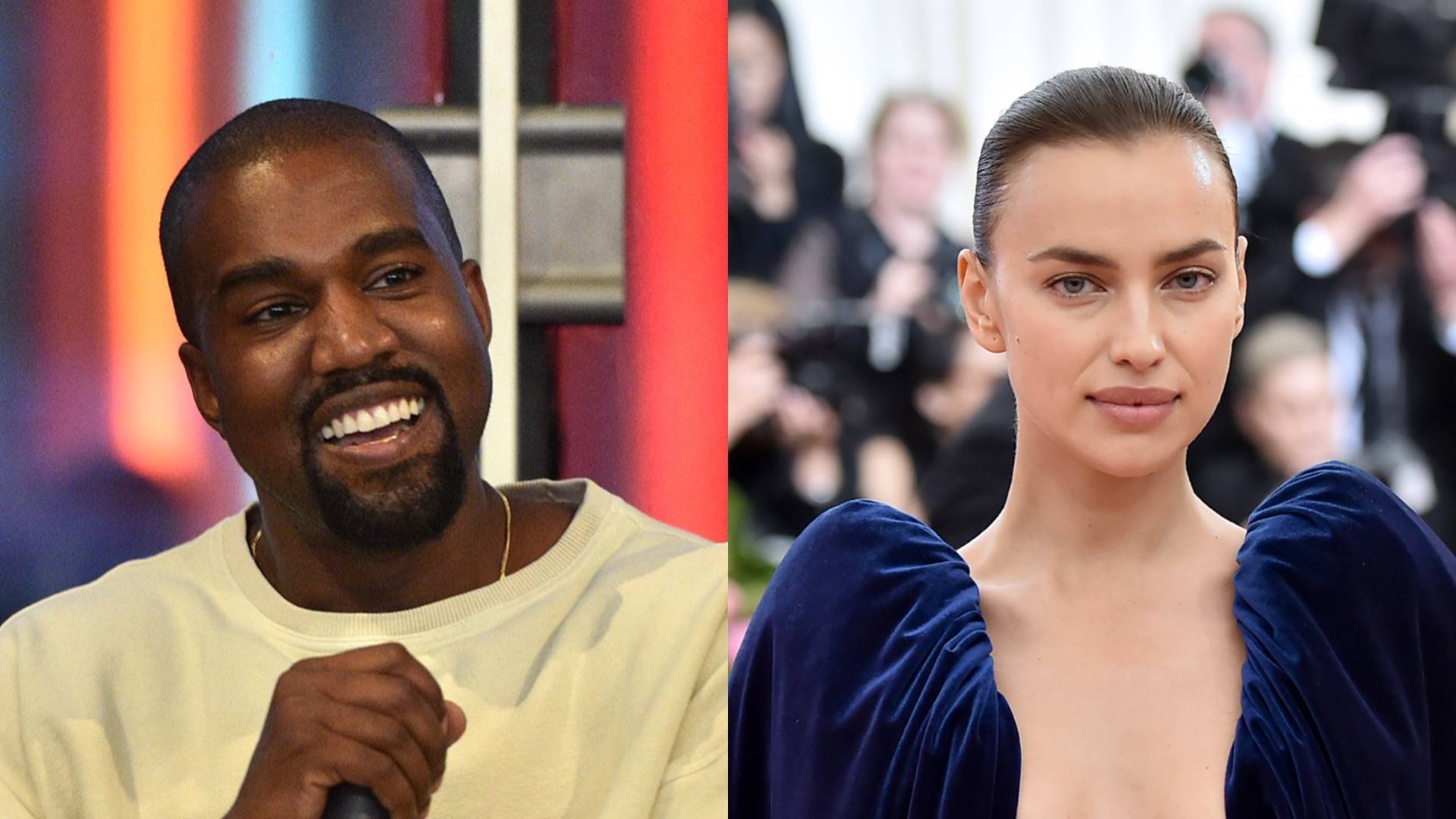 Composite photo of Kanye West smiling holding microphone in beige jumper and Irina Shayk with hair pulled back in Navy dress with puffed sleeves 