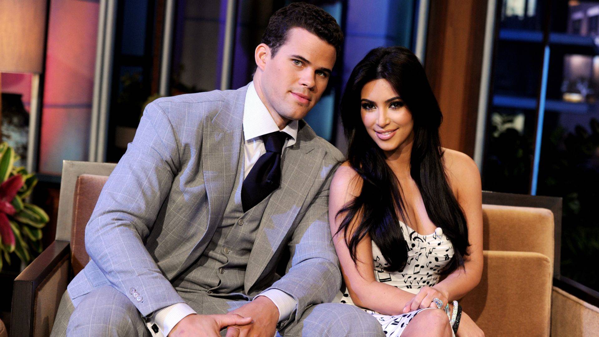 Kim Kardashian Kris Humphries together on panel smiling before split and divorce