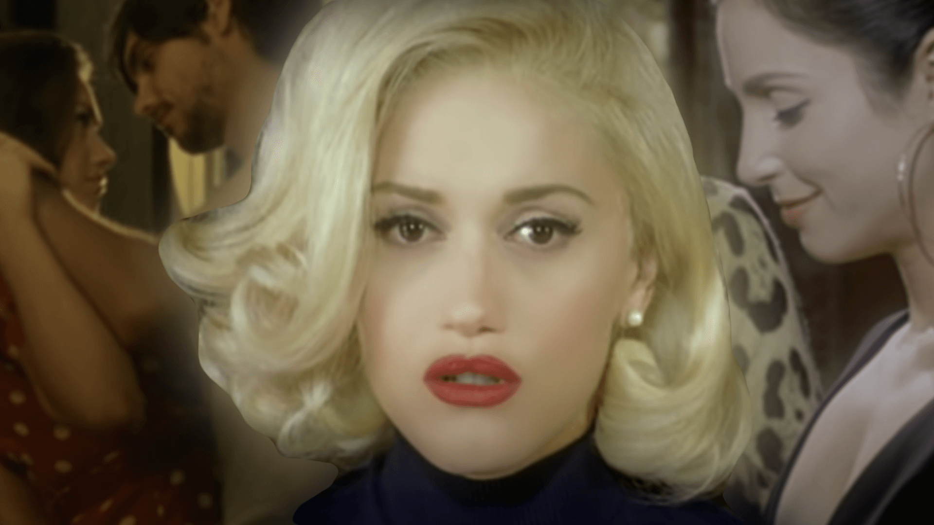 Gwen Stefani in Cool video music clip with blonde hair and polo top on looking sad red lipstick
