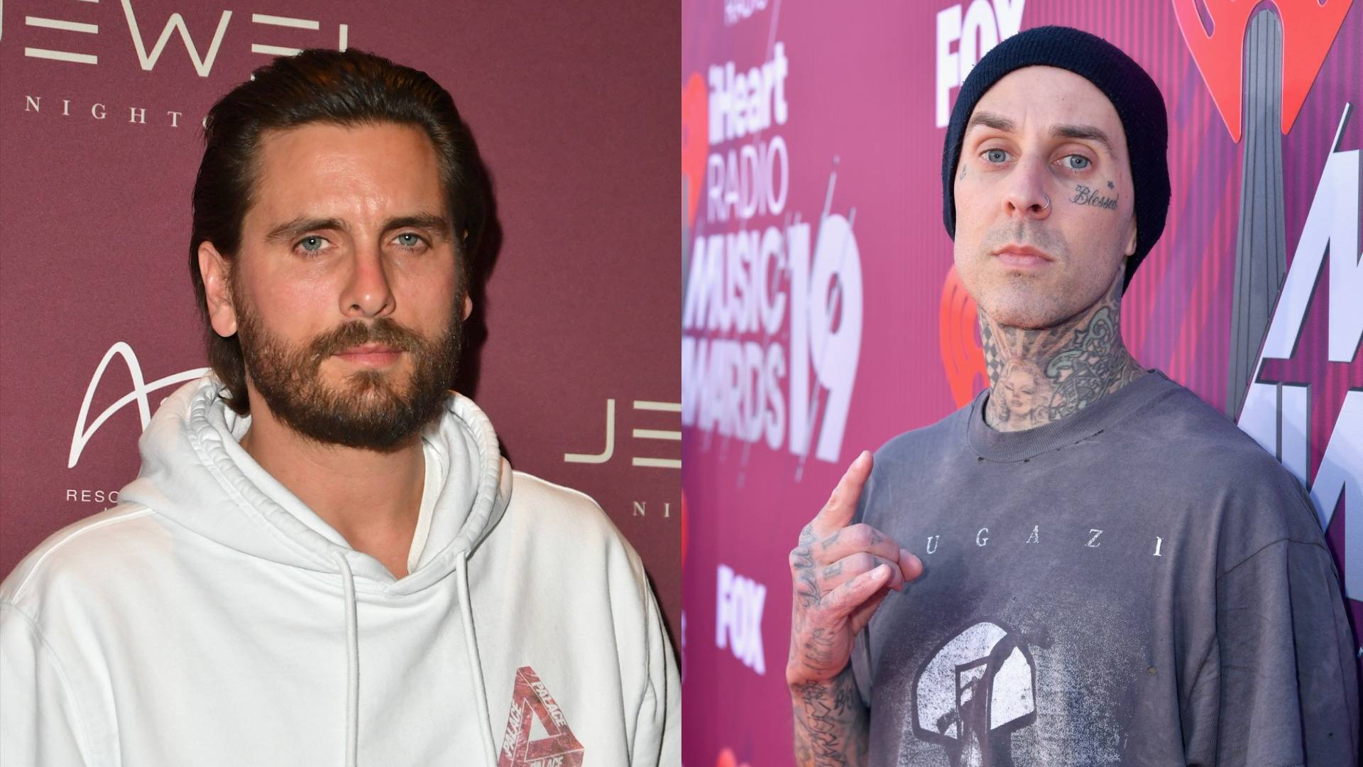 Composite photo of Scott Disick posing in white hoodie and Travis Barker in grey shirt and beanie