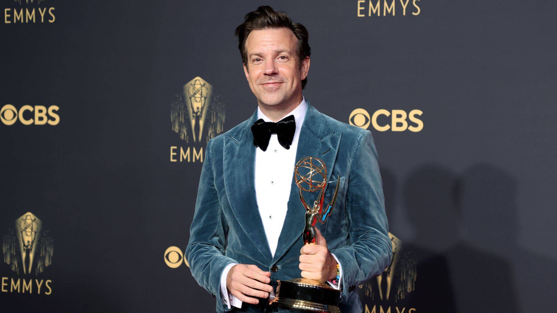 The 2021 Emmys Award Show winner Jason Sudeikis with trophy for Ted Lasso
