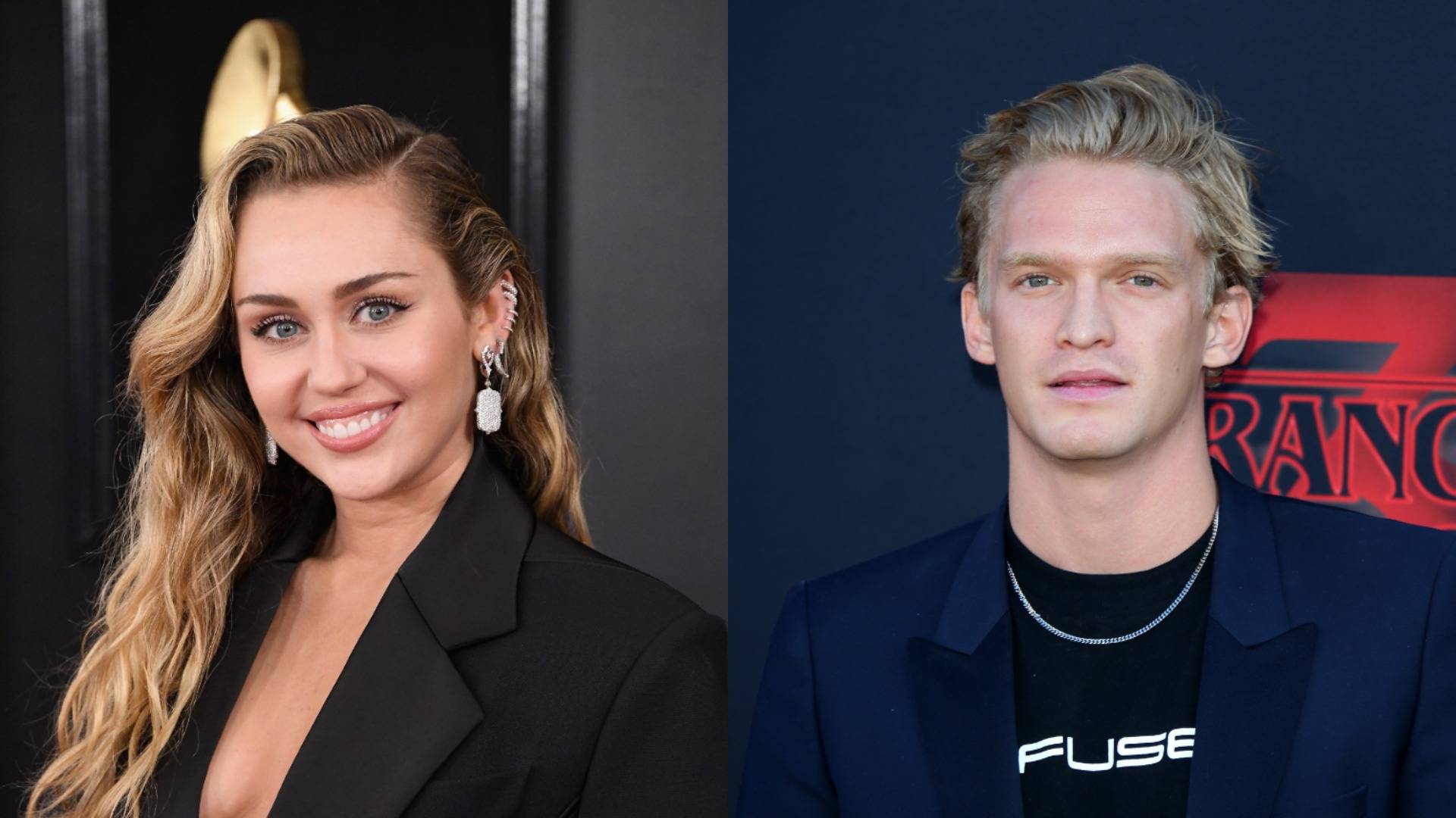 Composite photo of Miley cyrus in black jacket and Cody Simpson in navy jacket and fuse shirt 