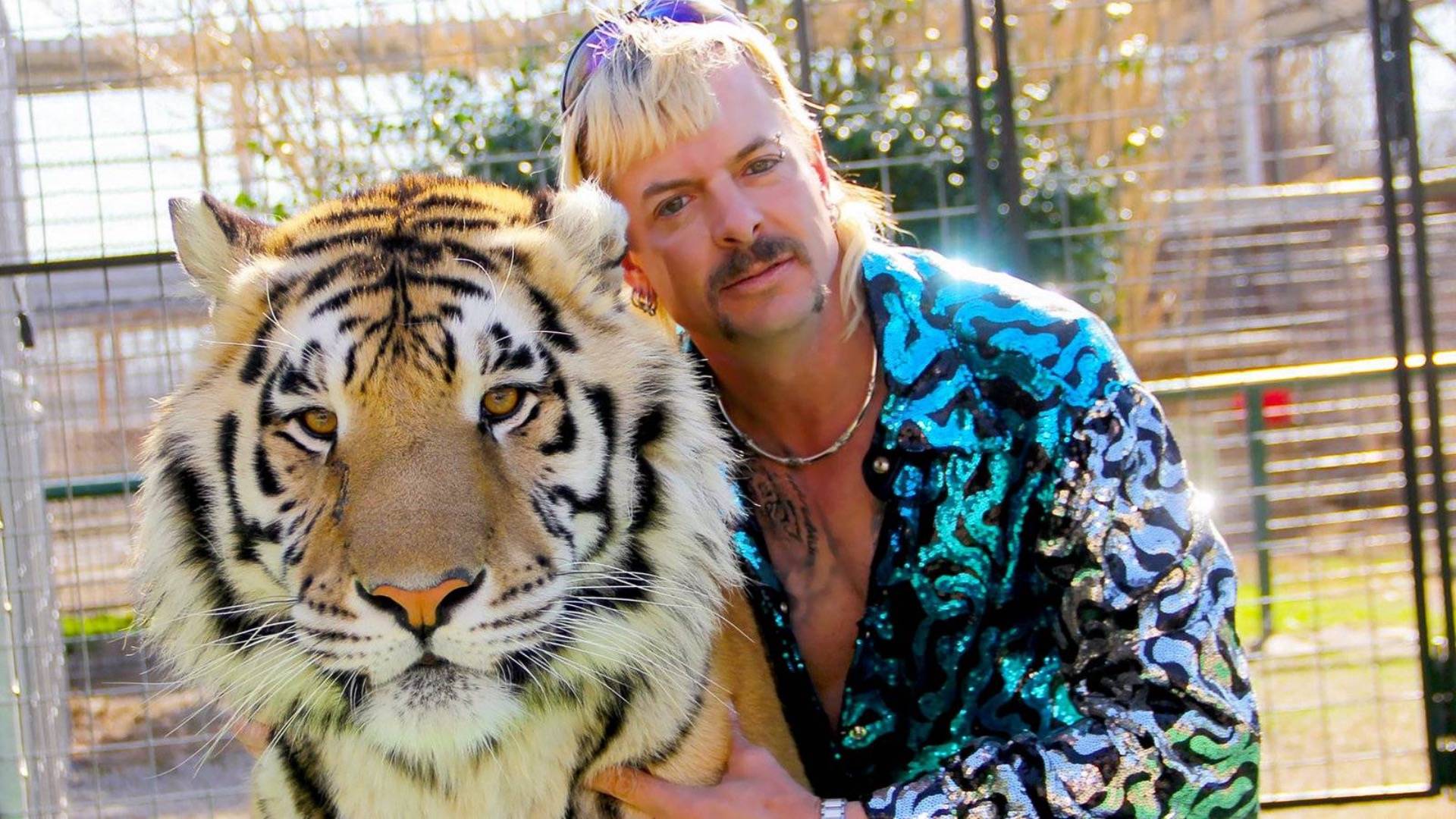 Joe Exotic wearing sparkly blue and black shirt posing with tiger 