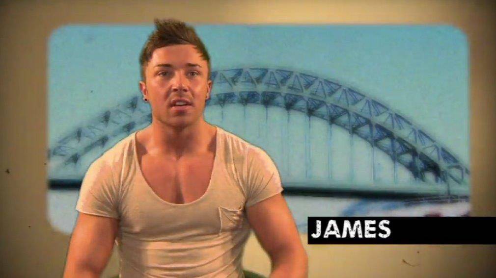 James Tinsdale in confessional for Geordie Shore MTV reality show, Jersey Shore spinoff newcastle tight tee shirt