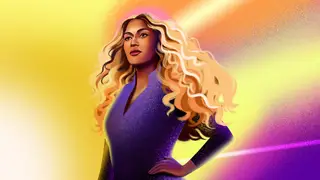 An illustration of Beyonce with her hand on her hip in a purple outfit against a bright gleaming gradient background
