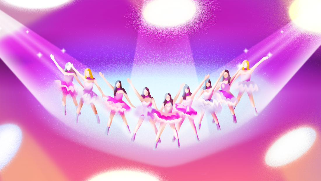 An illustration of the many members of K-pop group Girls' Generation in tutus against a pink background