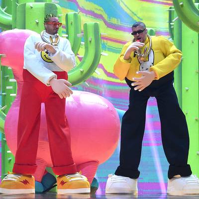 J Balvin and Bad Bunny put on a colorful show for their hit "Que Pretendes."