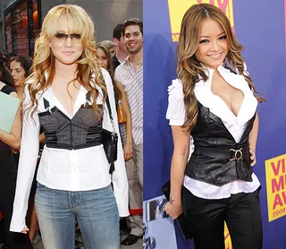 A young Lindsay Lohan rocks the business-casual look in a tight black vest and white shirt in 2003, and reality star Tila Tequila follows suit in 2008.