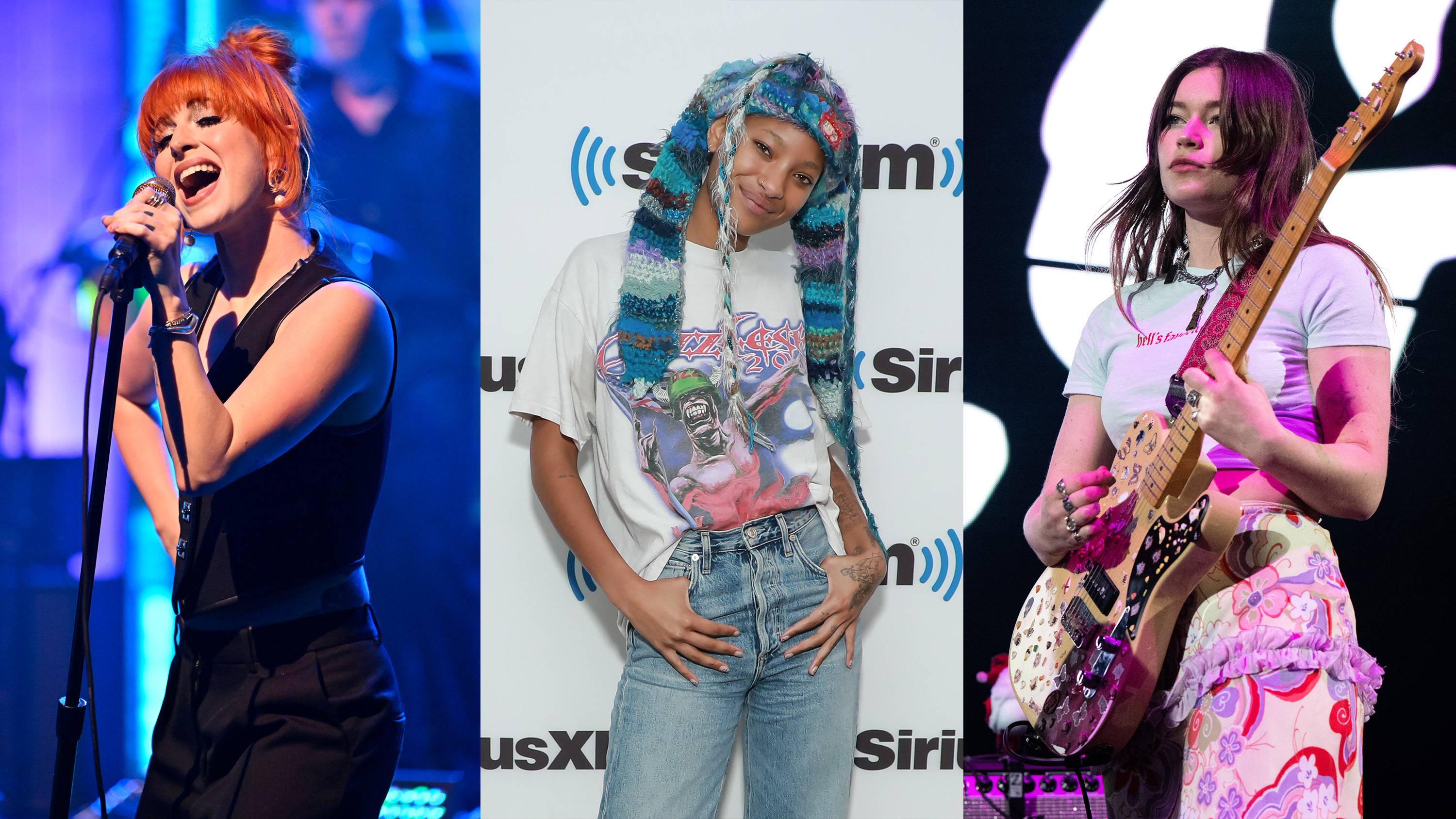 A triptych of Paramore's Hayley Williams, Willow Smith, and Wet Leg's Rhian Teasdale