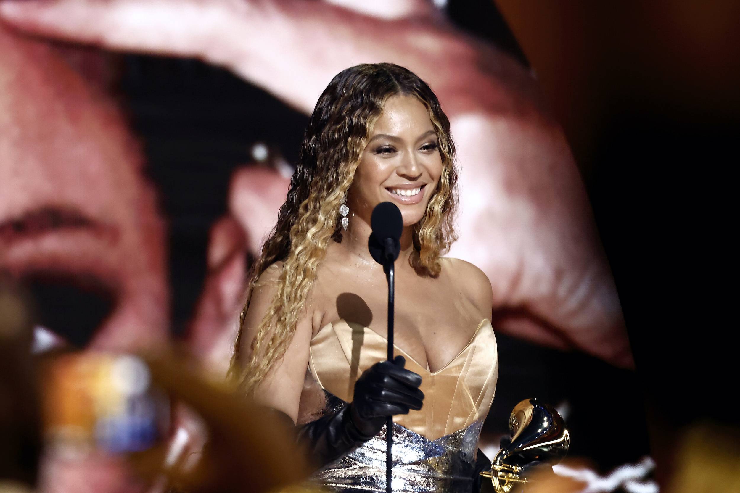 Beyonce accepts award at the 2023 Grammys.