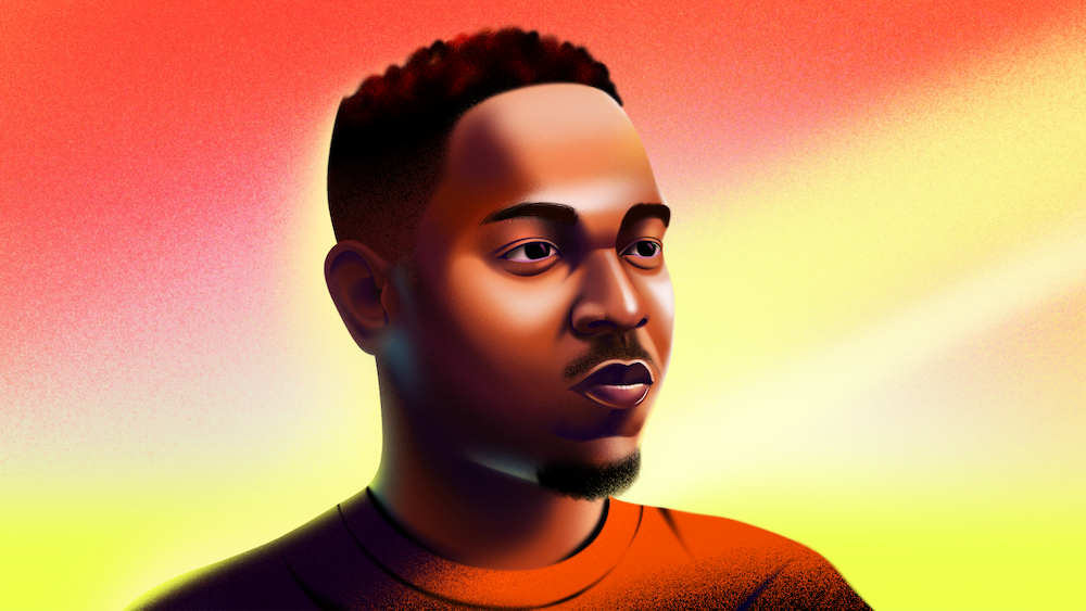 Illustration of Kendrick Lamar on a warm gradient background