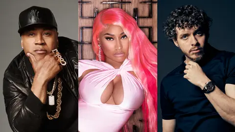 A triptych features portraits of LL Cool J, Nicki Minaj, and Jack Harlow.