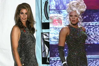 After supermodel stunner Cindy Crawford wows the crowd in a glitzy gown at the 1991 VMAs, RuPaul proves imitation is the sincerest form of flattery with a nearly identical sparkle dress two years later.