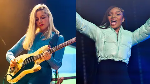 A split showing Molly Rankin of the band Alvvays performing with a bass guitar and rapper GloRilla smiling as she hypes up the crowd