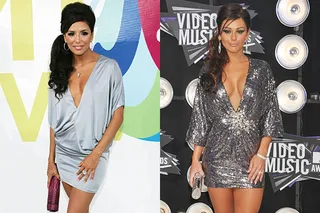 With plunging necklines and sleek side ponies, Eva Longoria and JWOWW strut their synchronized stuff in shimmery silver mini dresses at the 2005 and 2011 VMAs.