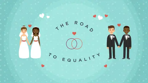 A graphic of marriage equality depicting a married lesbian couple and a married gay couple