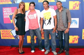 Castmates Brittini, Joey, Will, and Nick of 'Real World: Hollywood' reunite at the 2008 MTV Video Music Awards.