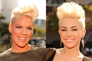 At the 2012 show, Miley Cyrus debuts her brand new 'do and causes quite a stir on the red carpet when she's placed right next to P!nk. Bright blonde pompadours on both singers? Twinsies!