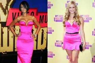 In 2007, Rihanna donned an electric pink gown with a bustier neckline. Five years later, 'Awkward' star Greer Grammer wears the same shade with a similar neckline, only with a much shorter hemline.