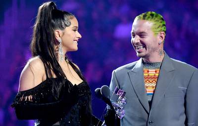 Rosalía and J Balvin happily accept the Best Latin Video Award for "Con Altura."