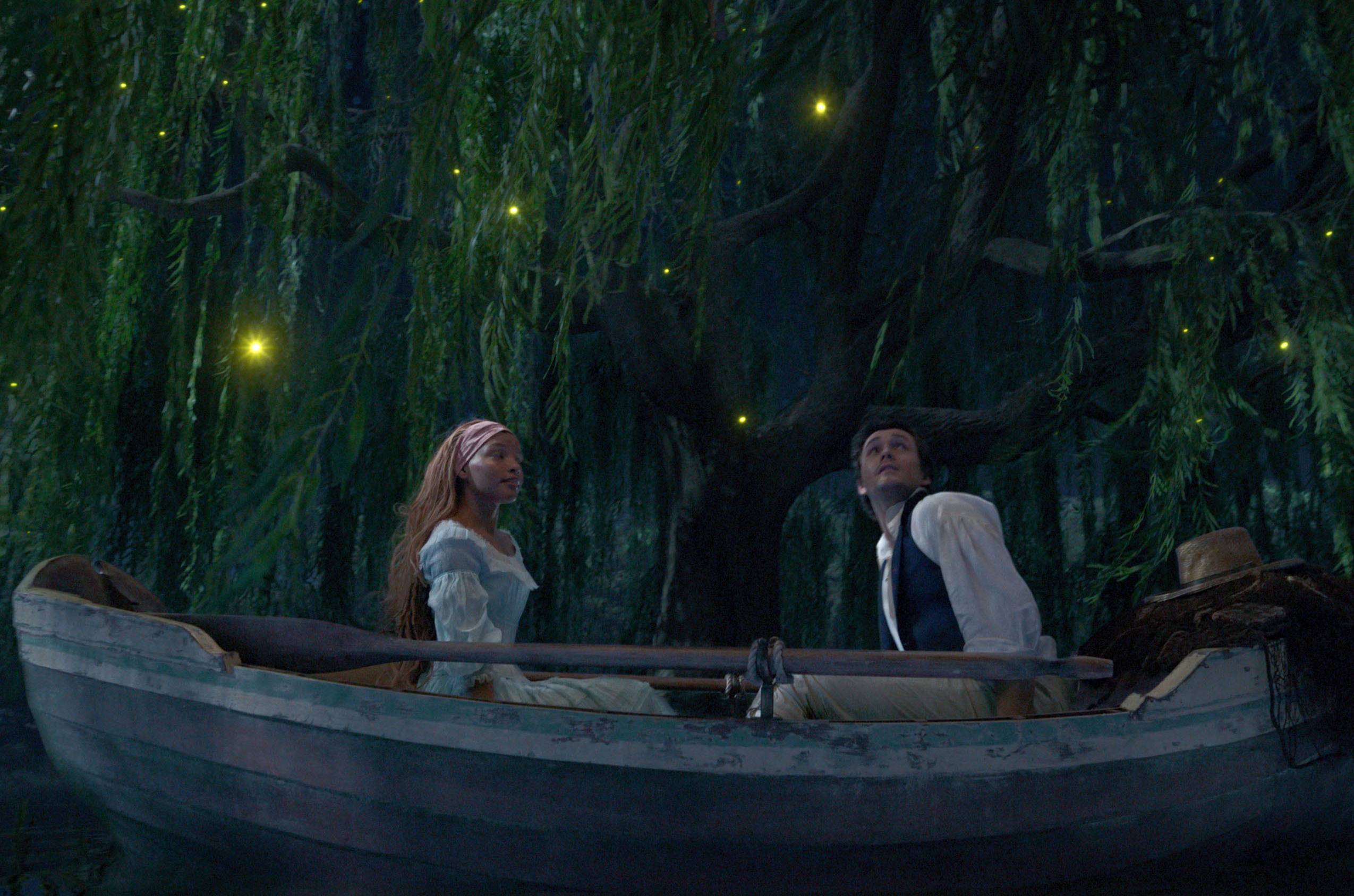 Halle Bailey plays Ariel in Little Mermaid on a boat.