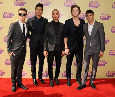 The Wanted keeps their look coordinated in gray scale hues on the 2012 VMA red carpet.