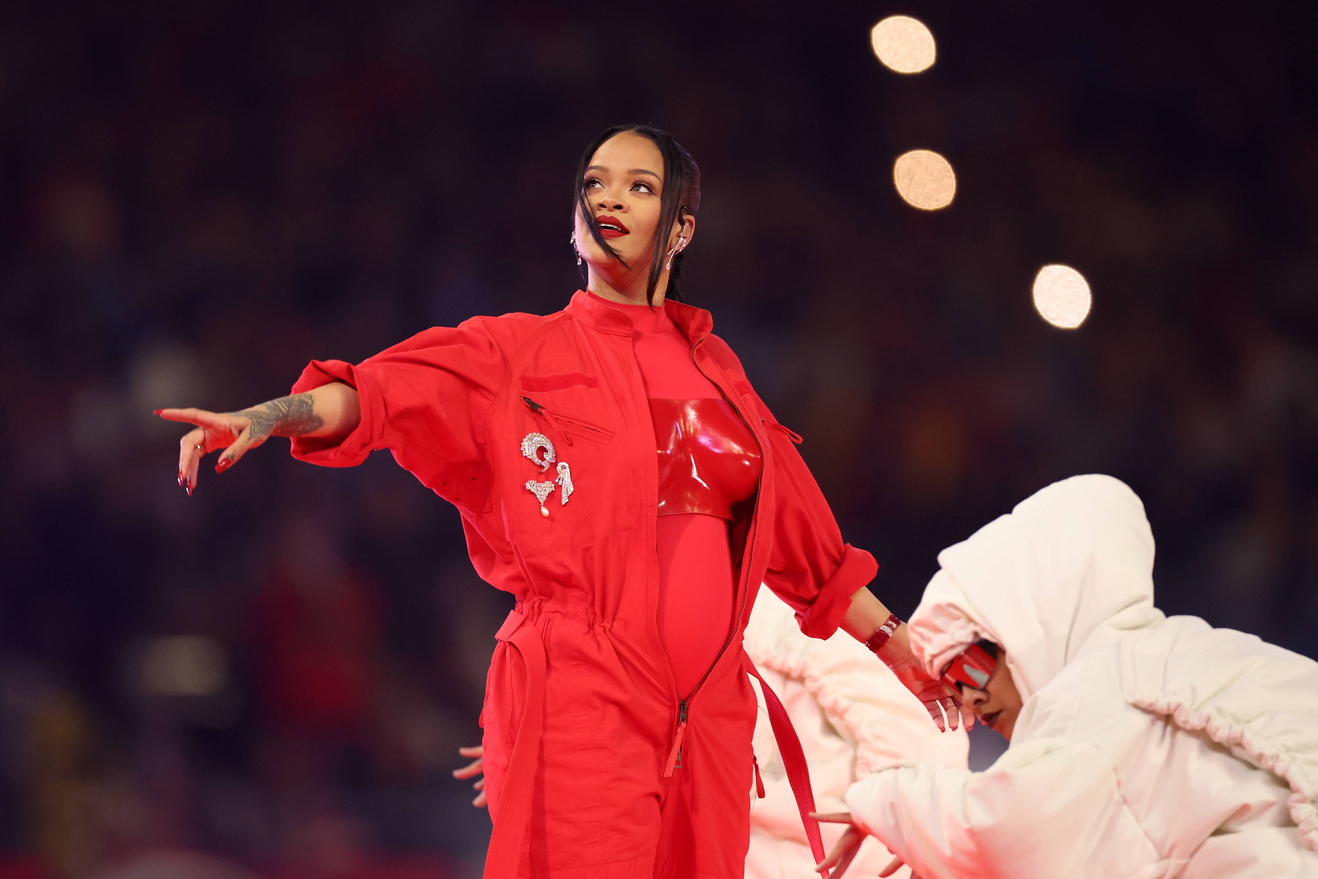 Rihanna performs onstage during the Apple Music Super Bowl LVII Halftime Show at State Farm Stadium on February 12, 2023 in Glendale, Arizona.