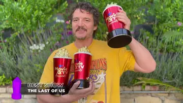 Pedro Pascal accepts the Golden Popcorn for "The Last of Us” at the MTV Movie & TV Awards 2023.
