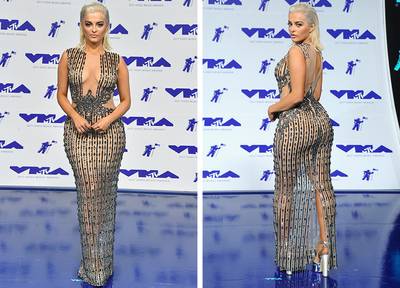 Bebe Rexha arrived to the 2017 VMAs with her bare bod dripping in silver and crystals.
