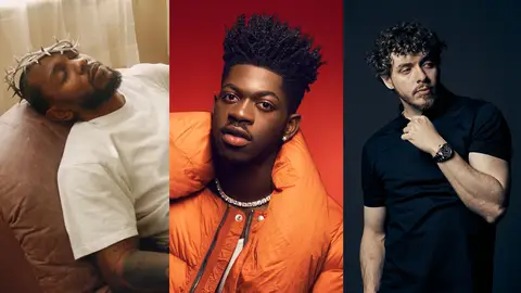 Triptych image showing Kendrick Lamar lying on a sofa with a crown of thorns, Lil Nas X in an orange puffer jacket, and Jack Harlow in a simple black T-shirt.