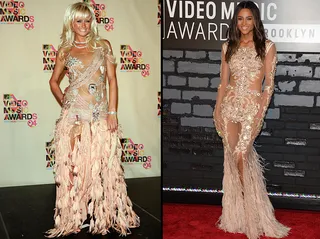 Jewels, mesh, and tons of feathers! Could Paris Hilton's 2004 VMA gown have inspired Ciara's strikingly similar 2013 red carpet attire?