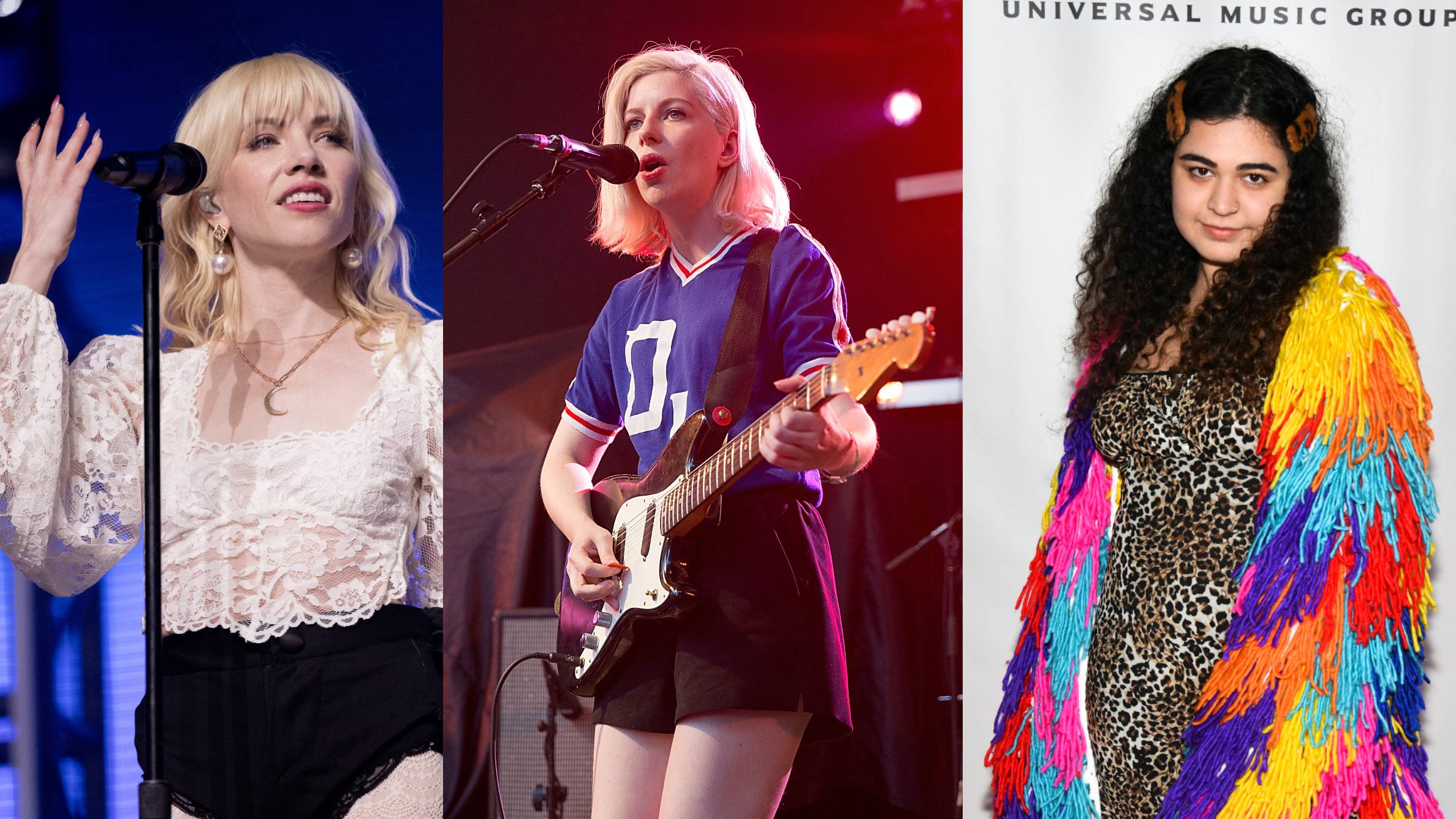 A triptych photo of Carly Rae Jepsen, vocalist Molly Rankin from the band Alvvays, and Remi Wolf