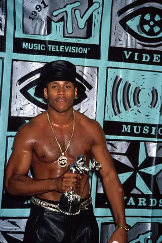 LL Cool J gets so excited about his Best Rap Moonman win that he rips his shirt right off...or something like that at the 1991 MTV Video Music Awards.