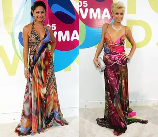 Vanessa Minnillo and Paris Hilton are crazy for prints in multi-patterned floorlength gowns at the 2005 VMAs.