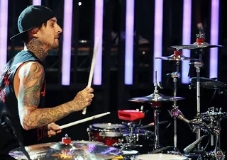 Travis Barker collaborates with DJ AM and a laundry list of other artist at the 2008 MTV Video Music Awards.