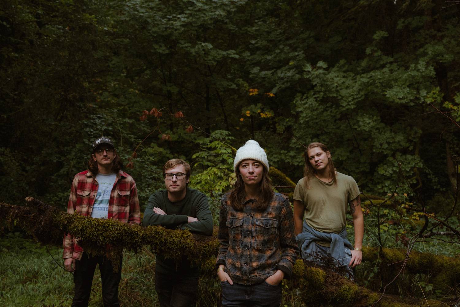 Chicago indie band Ratboys shot against a backdrop of luscious green trees