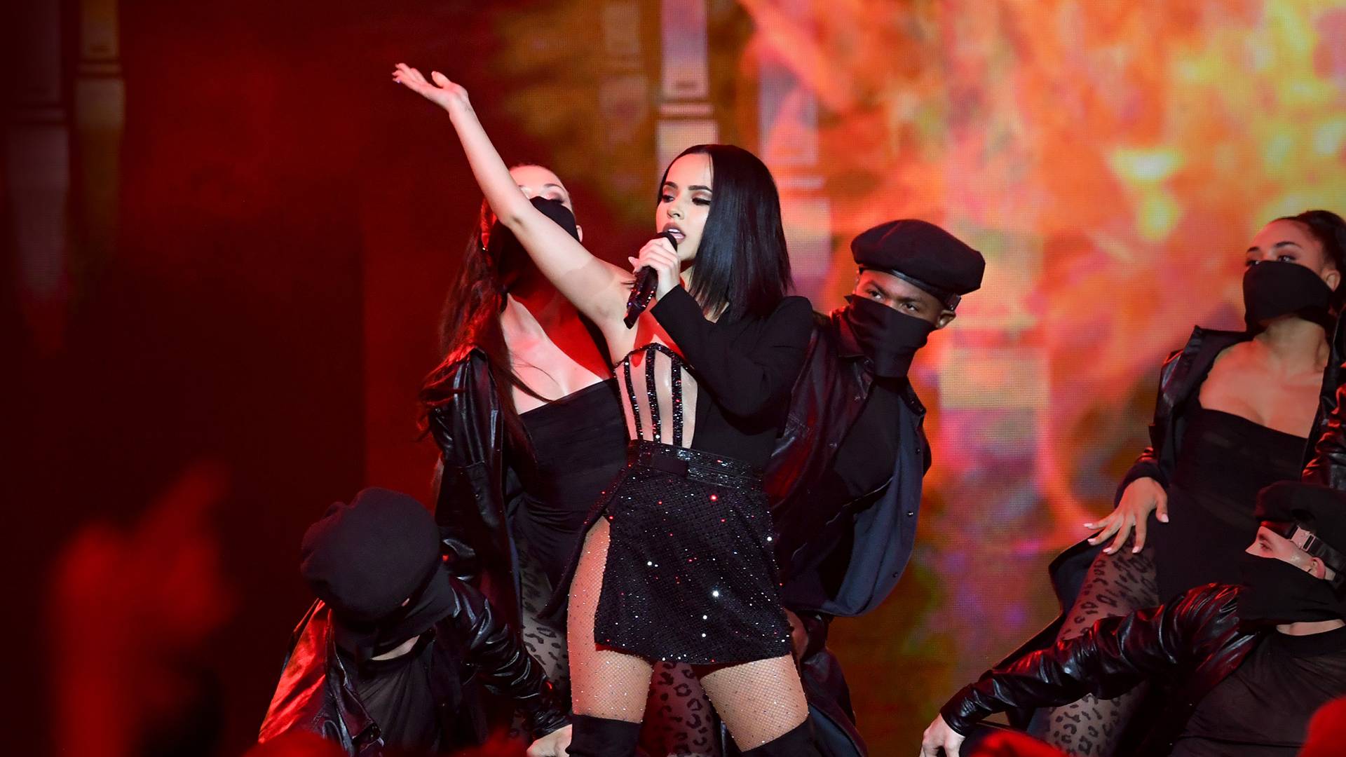 Host Becky G sets aside her emcee duties to perform her songs "24/7," "Sin Pijama" and "Mayores" at the 2019 MTV EMAs.