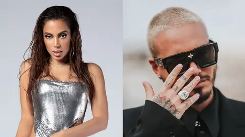 Anitta poses in a silver dress in a split image with J Balvin, who flashes impressive sunglasses, a tattooed right hand, and a huge ring,