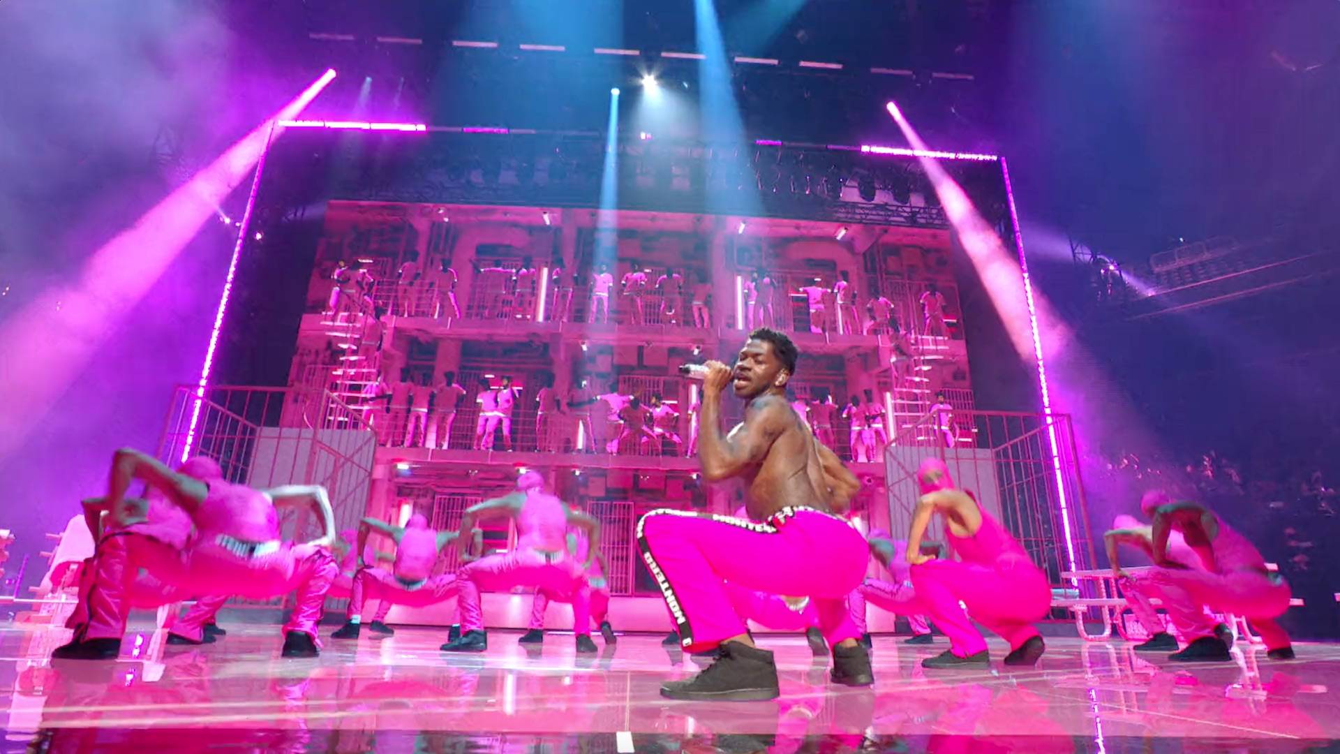 Lil Nas X leads an epic drum line onstage at the MTV VMAs 2021 to perform "INDUSTRY BABY" with Jack Harlow and "MONTERO (Call Me by Your Name)."