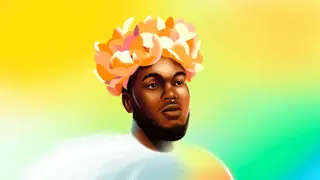 Illustration of the rapper Cakes da Killa with a beard, a septum nose piercing, and wearing a flower crown. 