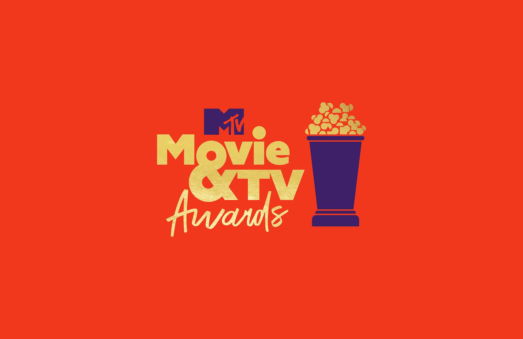 This logo shows the name of the awards show, the MTV Movie & TV Awards, spelled out beside a golden popcorn statuette. 