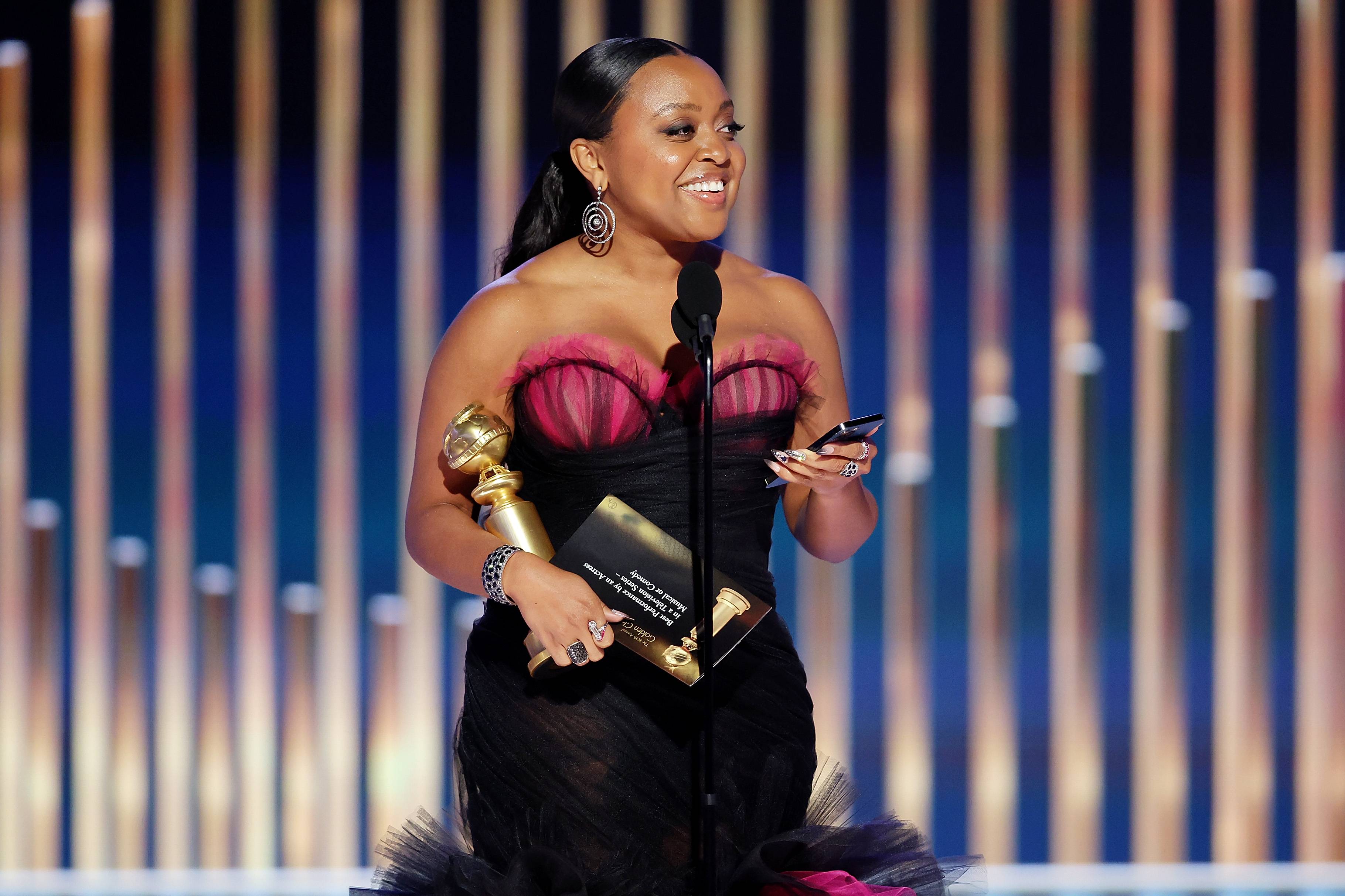 Quinta Brunson accepts the Best Actress in a Television Series – Musical or Comedy award for "Abbott Elementary" onstage at the 80th Annual Golden Globe Awards