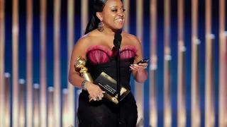 Quinta Brunson accepts the Best Actress in a Television Series – Musical or Comedy award for "Abbott Elementary" onstage at the 80th Annual Golden Globe Awards