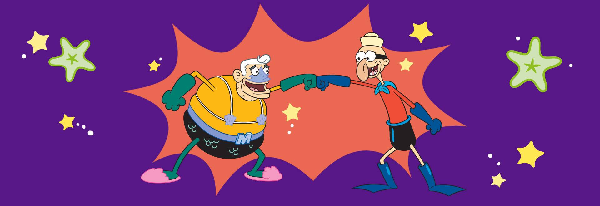 Mermaid Man and Barnacle Boy share a super awesome fist-bump! 