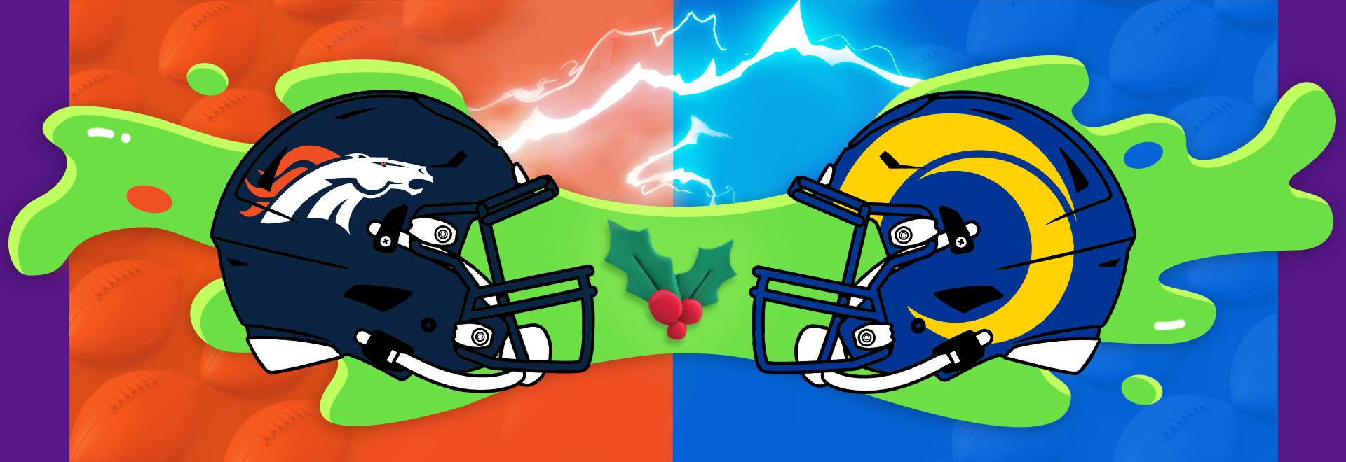 Denver Broncos navy helmet across from a Los Angeles Rams blue-and-yellow helmet. Mistletoe in between and green slime behind.