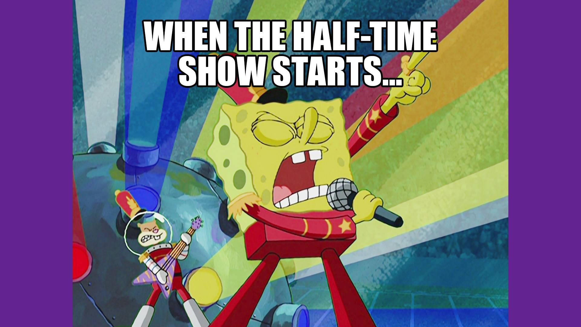 SpongeBob and Sandy Cheeks playing the halftime show for Super Bowl LVIII.