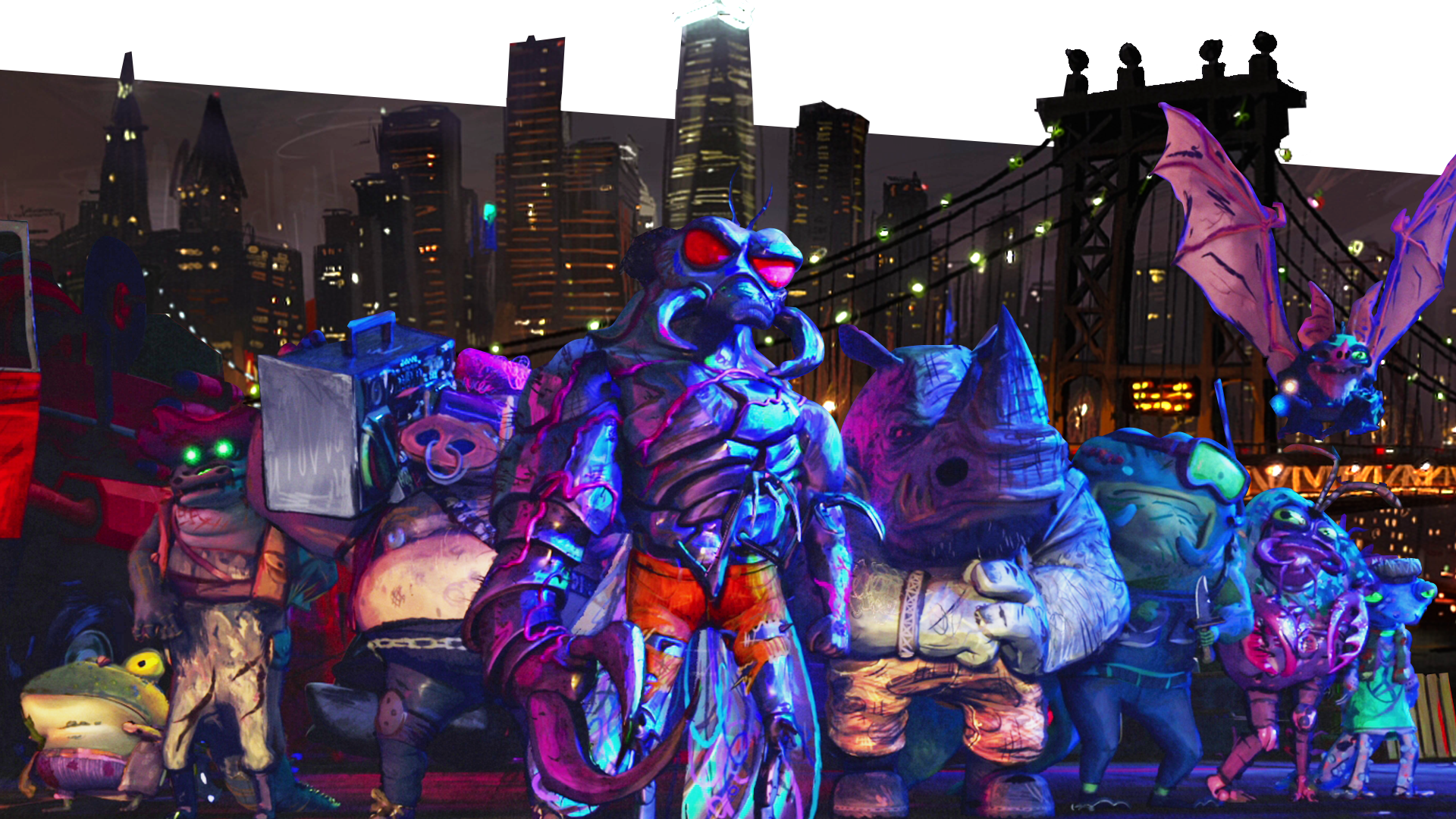 The villains of the new Mutant Mayhem movie pose in front of the New York City skyline at night. Gengis Frog, Bebop, Superfly, Rocksteady, Ray Fillet, Mondo Gecko, and Leatherhead. 