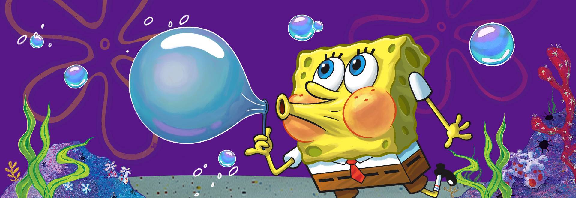 SpongeBob SquarePants, a yellow sponge with blue eyes, a white shirt, red tie, and brown pants, blows a bubble out of bubble soap.